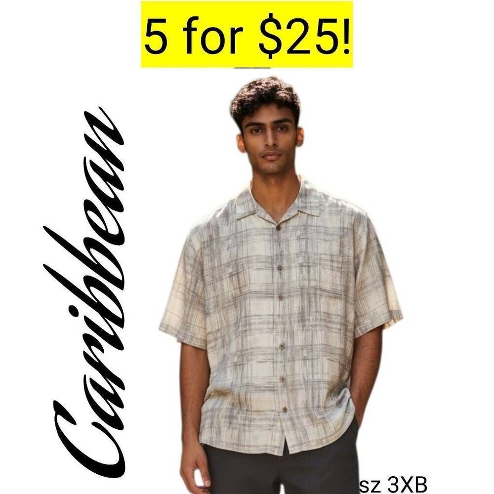 Caribbean Soft Silk Neutral Short Sleeve Button Down Shirt Sale 5 for 35